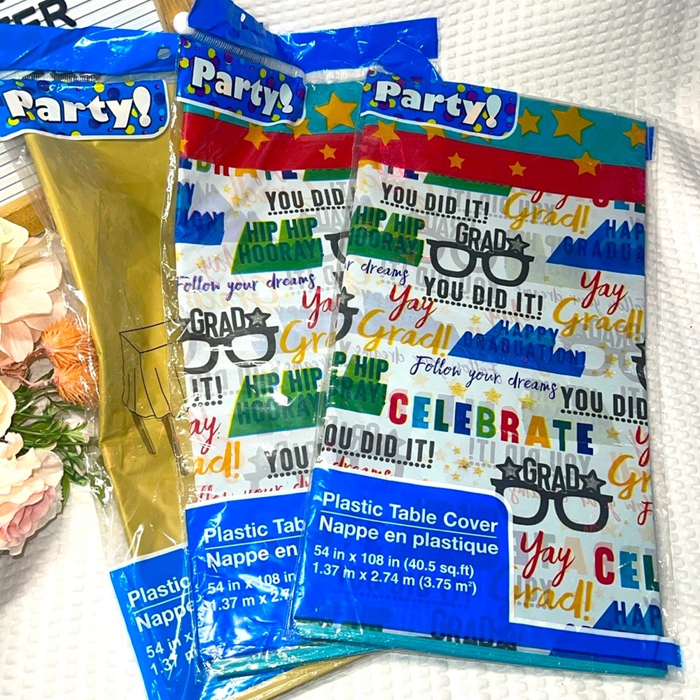 Congrats Graduation Multi Color Plastic Table Covers 3 Packs 54" W By 108" L